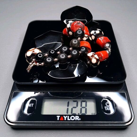 Chunky Onyx Black and Coral Red Big Bold Classy Statement Necklace - Picture 3 of 4